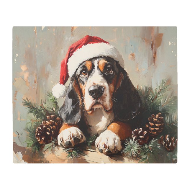 サンタ・ハット油絵のバセット・ハウンド メタルプリント (正面)