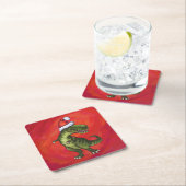サンタ・ハット・オン・レッドのTRex Dino スクエアペーパーコースター (インサイチュ)