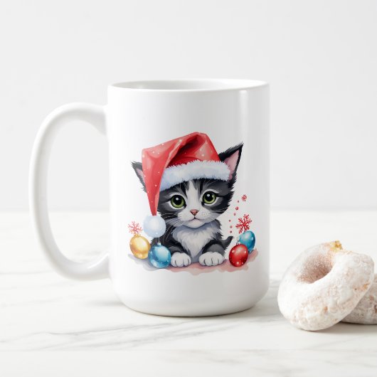 サンタ・ハット・クリスマスに登場する可愛い白黒の子猫 コーヒーマグカップ (ドーナツ)