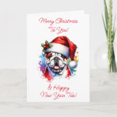 サンタ・ハット・クリスマスのブルドッグパーソナライズされた カード (正面)