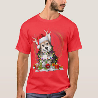 サンタ・ハット・クリスマスライト付きトナカイ・コルギ犬 Tシャツ
