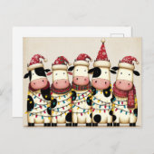 サンタ・ハット・クリスマスライト付き牛 シーズンポストカード (正面/裏面)