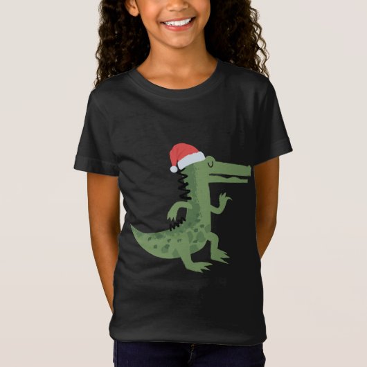 サンタ・ハット・クリスマス付き可愛いワニおもしろいゲーター Tシャツ (正面)