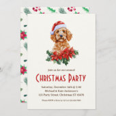 サンタ・ハット・クリスマス・パーティーのゴールデン・ドードル犬 招待状 (正面/裏面)