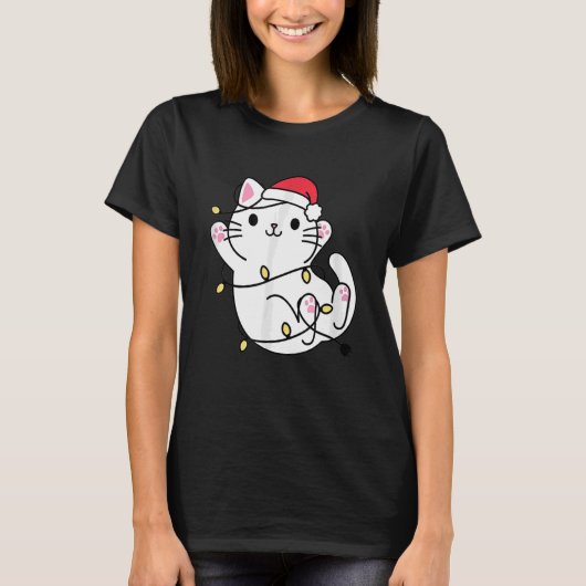 サンタ・ハット・クリスマス・ライトメリーの猫と Tシャツ (正面)