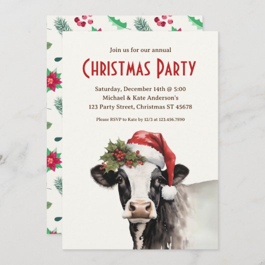 サンタ・ハット・ファームの牛の動物の乳製品クリスマスクリスマスパーティー 招待状 (正面/裏面)