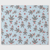 サンタ・ハット・ブルー・クリスマス・ホリデー付きソックモンキー ラッピングペーパー (フラット)