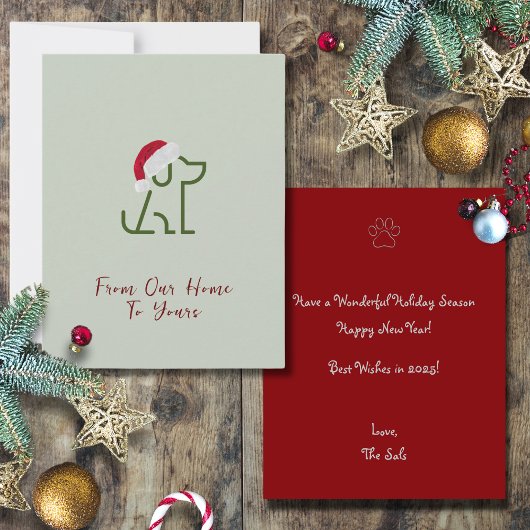 サンタ・ハット・ホリデー付き犬の輪郭グリーン ノートカード