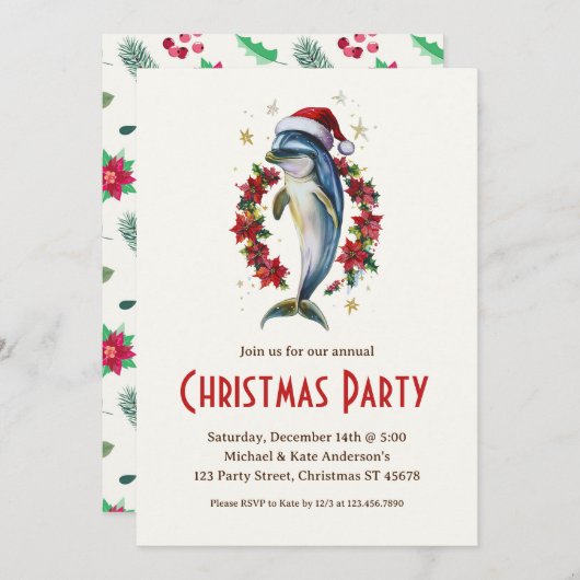 サンタ・ハット・ポインセティアス・クリスマス・パーティーのイルカ 招待状 (正面/裏面)