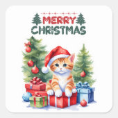 サンタ・ハット・メリークリスマスのオレンジ色の子猫 スクエアシール (正面)