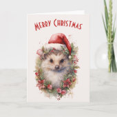 サンタ・ハット・レッド・ポインセチア・クリスマスのハリネズミ カード (正面)