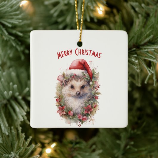 サンタ・ハット・レッド・ポインセチア・クリスマスのハリネズミ セラミックオーナメント (ツリー)