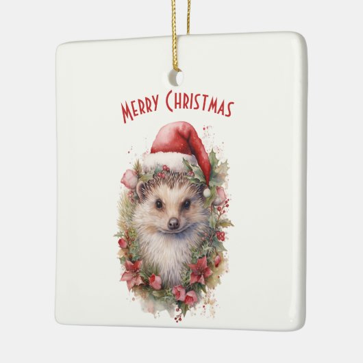 サンタ・ハット・レッド・ポインセチア・クリスマスのハリネズミ セラミックオーナメント (左)
