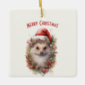 サンタ・ハット・レッド・ポインセチア・クリスマスのハリネズミ セラミックオーナメント (正面)