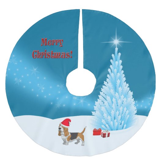 サンタ・バセット・ハウンド・クリスマスツリーのスカートで待機 ブラッシュドポリエステルツリースカート (正面)