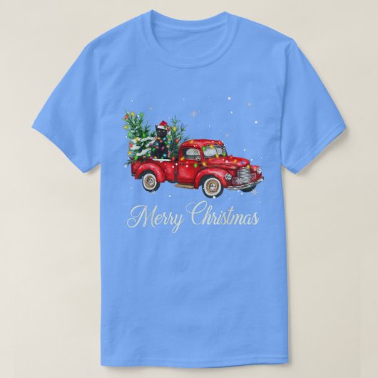 サンタ・ブラック・キャット赤トラック・クリスマスツリーのライトに乗る Tシャツ (デザイン正面)