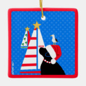 サンタ・ブラック・ドッグ&バード・フレンド・クリスマス セラミックオーナメント (正面)