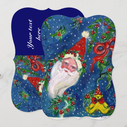 サンタ、ホリベリー、クラウン、クリスマスパーティーレッドブルー 招待状 (正面/裏面)