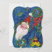 サンタ、ホリベリー、クラウン、クリスマスパーティーレッドブルー 招待状 (正面)