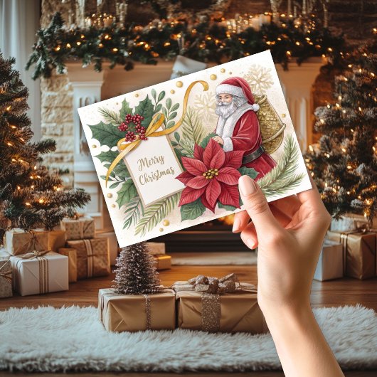 サンタ&ポインセッタクリスマスカード サンキューカード
