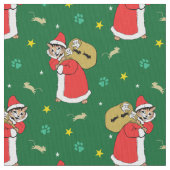 サンタ・ポーズ猫クリスマスグリーン ファブリック (クローズアップ)