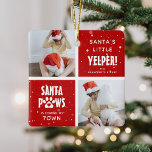 サンタ・ポーズ、ハッピーハウリデイ4フォトドッグクリスマス セラミックオーナメント<br><div class="desc">可愛いおもしろい犬の写真コラージュのクリスマスオーナメント。デザインの機能あなたの選択の4つの写真、おもしろいフェスティバル犬のパンことわざ'ハッピーハウル踊り子，サンタポーズ，ジンルポーズとサンタの小さなイェルパー！写真の上に雪の重ね合わせ与えてウインターイ感じと家族と犬の名前でパーソナライズ。</div>