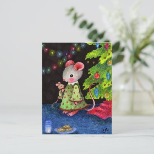 サンタ・マウスを待つ – かわいいクリスマスアート シーズンポストカード (スタンド正面)