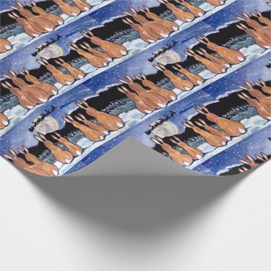 サンタ・ムーンブルーギフトラップを見ているウサギの家族 ラッピングペーパー (角)