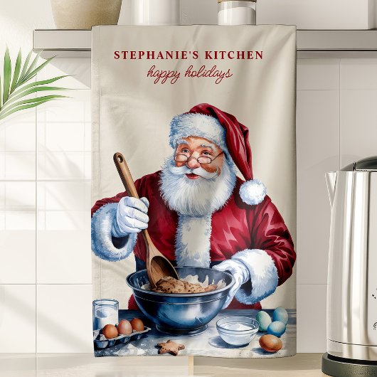 サンタ・メイキング・クッキーパーソナライズされた・クリスマス キッチンタオル