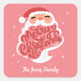 サンタ、メリークリスマスすべて、家族名ピンク スクエアシール