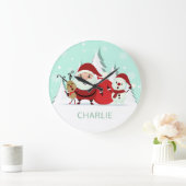 サンタ·ラインディア·雪だるま名前をカスタムする時計 ラージ壁時計 (ホーム)