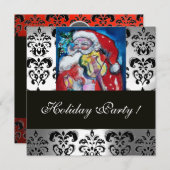 サンタ&ヴァイオリン、レッド白黒ダマスクモノグラム 招待状 (正面/裏面)