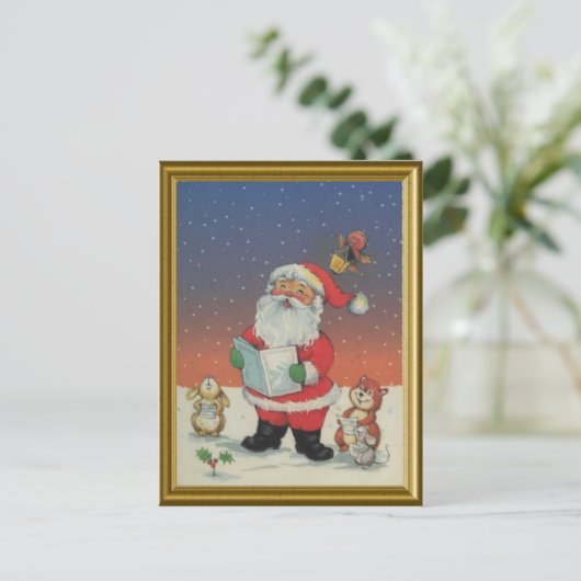 サンタ、動物と一緒にキャロルを歌う シーズンポストカード (スタンド正面)