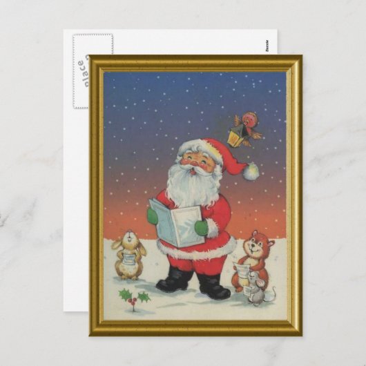 サンタ、動物と一緒にキャロルを歌う シーズンポストカード (正面/裏面)