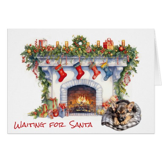 サンタ・暖炉でドイツの羊飼い子犬が待つ (正面横)