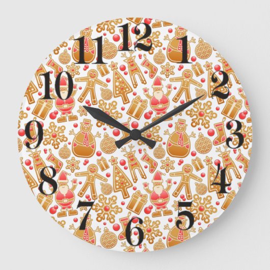 サンタ&雪だるまジンジャーブレッドChristmas Cookie ラージ壁時計 (正面)