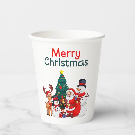 サンタ、雪だるま、トナカイのメリークリスマス 紙コップ (正面)