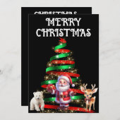 サンタ、鹿、ホッキョクグマを持つクリスマスツリー 招待状 (正面/裏面)