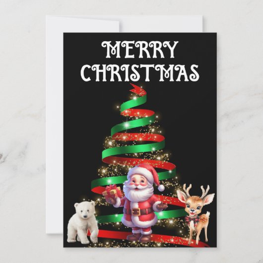 サンタ、鹿、北極熊のいるクリスマスツリー 招待状 (正面)