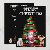 サンタ、鹿、北極熊のいるクリスマスツリー 招待状 (正面/裏面)
