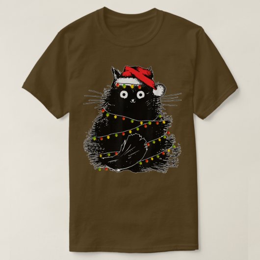 サンタ 黒猫がクリスマスツリーのライトに絡まって大変 Tシャツ (デザイン正面)