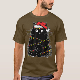 サンタ 黒猫がクリスマスツリーのライトに絡まって大変 Tシャツ
