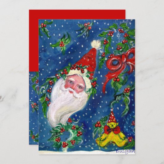 サンタ、HOLLYBERRY CRONS、CHRISTMASパーティーレッドブルー 招待状 (正面/裏面)
