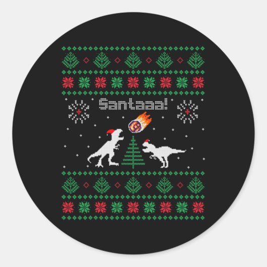 サンタaa恐竜 クリスマス ださいセーター ラウンドシール (正面)
