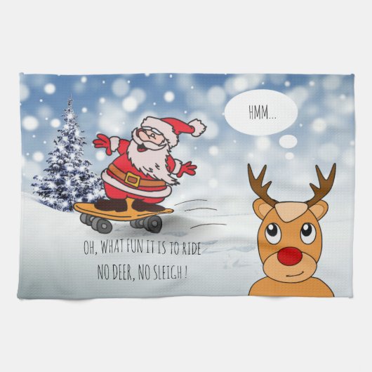 サンタonスケートボードおもしろいトナカイそり冬 キッチンタオル (横)