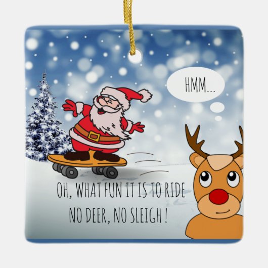 サンタonスケートボードおもしろいトナカイそり冬 セラミックオーナメント (正面)