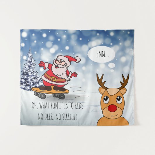 サンタonスケートボードおもしろいトナカイそり冬 タペストリー (正面(横))