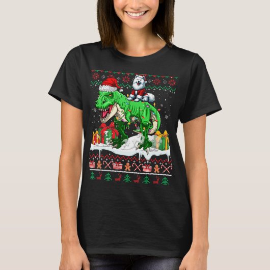 サンタSamoyed乗馬Tレックスクリスマスセーター愛好家 Tシャツ (正面)