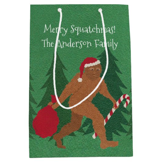 サンタSquatchのクリスマスの中型の漫画ビッグフット ミディアムペーパーバッグ (正面)