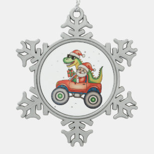 サンタTレックス恐竜モンスタートラッククリスマスクリスマス スノーフレークピューターオーナメント